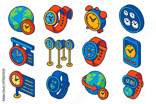 World Timekeeping Icons. Isometric vector illustration set World Timekeeping: globe clock, dual time zone watch, travel alarm,