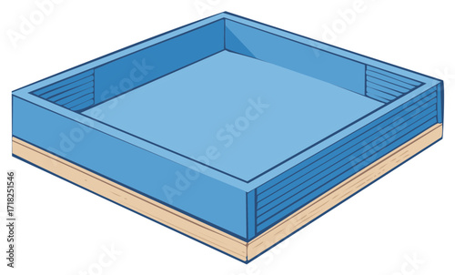 Blue square sandbox or planter box with wood base isometric vector illustration