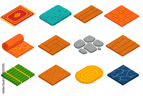 Colorful Floor Coverings. Isometric vector illustration set Floor Coverings: area carpet, soft rug, hardwood planks, ceramic tiles