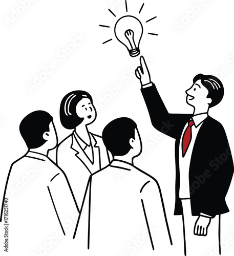 Diverse business team collaborating and brainstorming one person pointing to a glowing lightbulb symbolizing a brilliant new idea