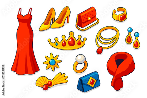 Glamorous Red Carpet Icons. Isometric vector illustration set Red Carpet Style: gown dress, luxury heels, glitter purse, diamond