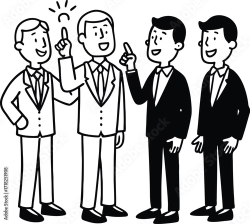 Four businessmen in suits collaborating and sharing innovative ideas with one person having a bright lightbulb above their head symbolizing inspiration and creativity