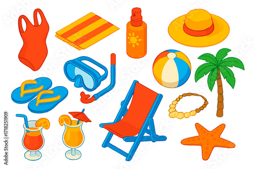 Summer Vacation Icons. Isometric vector illustration set Summer Vacation: one-piece swimsuit, beach mat, sunscreen spray, straw