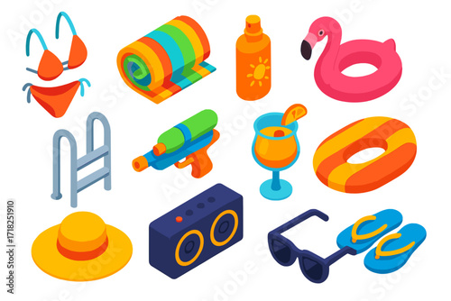 Pool Party Essentials. Isometric vector illustration set Pool Party: bikini set, colorful towel, sunscreen spray, inflatable