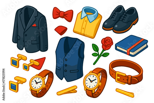 Elegant Outfit Icons. Isometric vector illustration set Elegant Outfit: charcoal suit, silk bow tie, collared shirt, polished