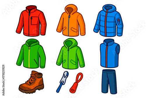 Vibrant Hiking Gear Icons. Isometric vector illustration set Hiking Outerwear: softshell jacket, waterproof zipper, chest pocket,