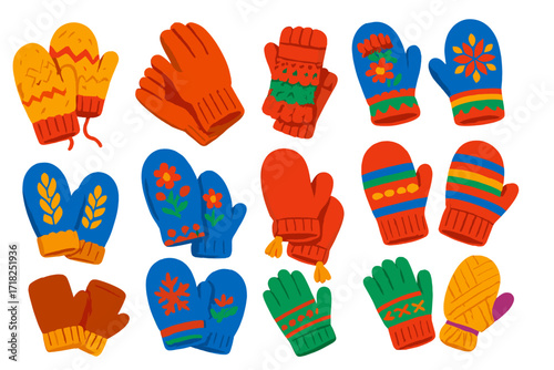Rustic Winter Wear Illustration. Isometric vector illustration set Rustic Winter Wear: hand-knit mittens, thick wool gloves,