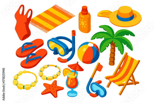 Summer Vacation Icons. Isometric vector illustration set Summer Vacation: one-piece swimsuit, beach mat, sunscreen spray, straw