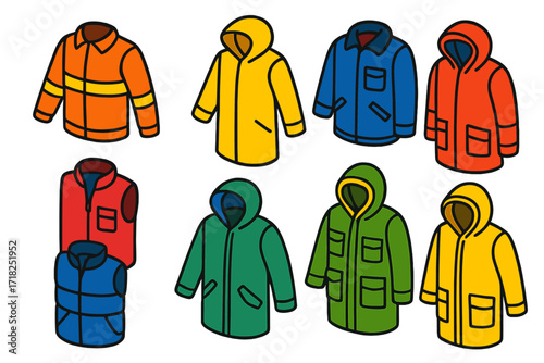 Bright Work Outerwear Icons. Isometric vector illustration set Work Outerwear: safety jacket, zipper closure, tool pocket,