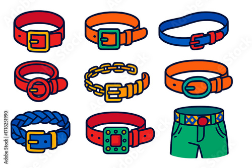 Colorful Fashion Belts. Isometric vector illustration set Fashion Belts: wide belt, square buckle, skinny belt, decorative loop,