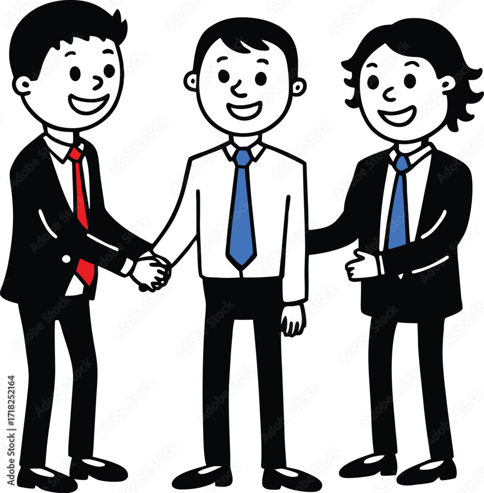 Fototapeta premium Three smiling cartoon businessmen in suits shaking hands and collaborating on a successful business project together