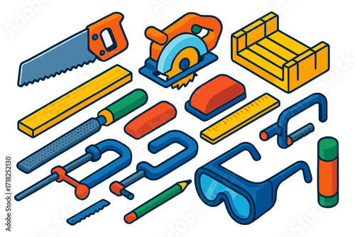 DIY Cutting Tools. Isometric vector illustration set DIY Cutting Tools: small hand saw, thin plank, mini circular saw, miter box,