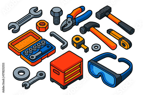 Workshop Tools Icons. Isometric vector illustration set Workshop Hardware: combination wrench, large bolt, locking nut, vice grip,