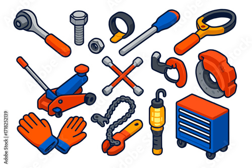 Automotive Workshop Tools. Isometric vector illustration set Automotive Workshop: ratchet wrench, engine bolt, metal nut, breaker