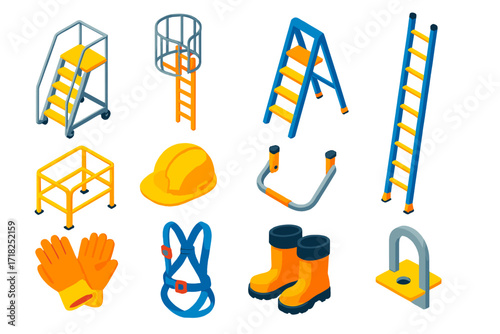 Colorful Industrial Ladders Icons. Isometric vector illustration set Industrial Ladders: rolling ladder, cage ladder, warehouse