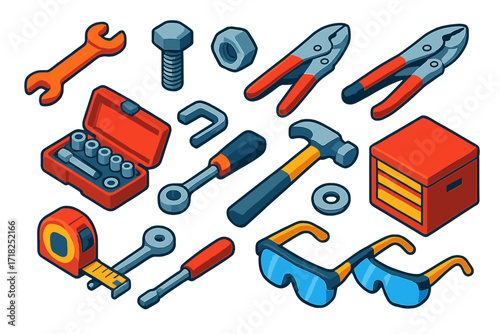 Workshop Tools Icons. Isometric vector illustration set Workshop Hardware: combination wrench, large bolt, locking nut, vice grip,