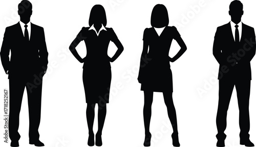 Silhouettes of business professionals, men and women in formal attire, gender diversity, teamwork, leadership concept, workplace equality, corporate success, professional standing illustration
