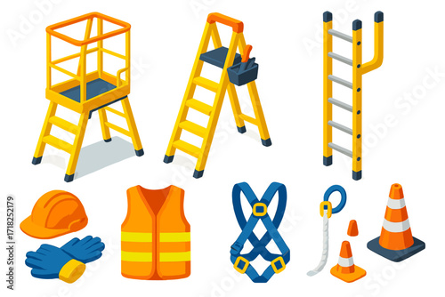 Professional Ladder Tools. Isometric vector illustration set Professional Use Ladders: platform ladder, guard rails, tool holder,