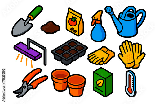 Greenhouse Tools Icons. Isometric vector illustration set Greenhouse Tools: garden shovel, soil pile, tomato seeds, watering can,