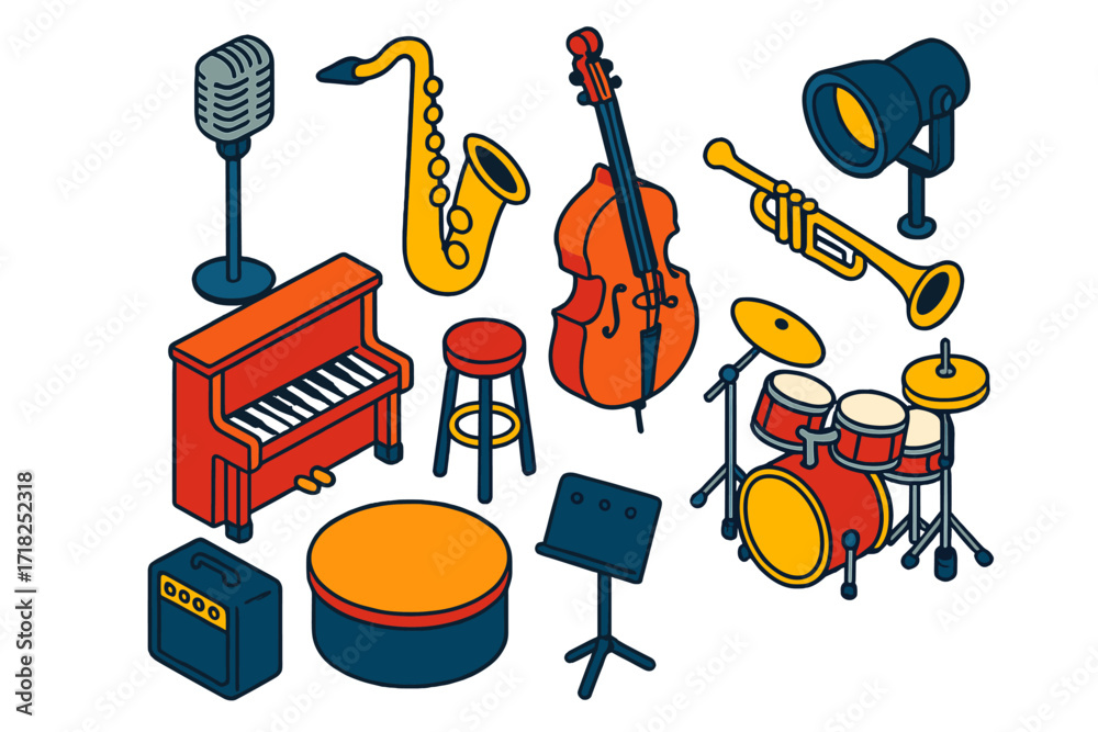 Obraz premium Colorful Jazz Instruments. Isometric vector illustration set Jazz Performance: retro microphone, slim stand, saxophone, upright