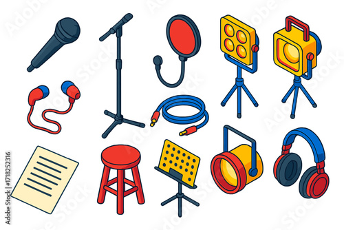 Singer Essentials Icons. Isometric vector illustration set Singer Essentials: vocal microphone, adjustable stand, pop filter,