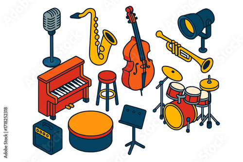 Colorful Jazz Instruments. Isometric vector illustration set Jazz Performance: retro microphone, slim stand, saxophone, upright