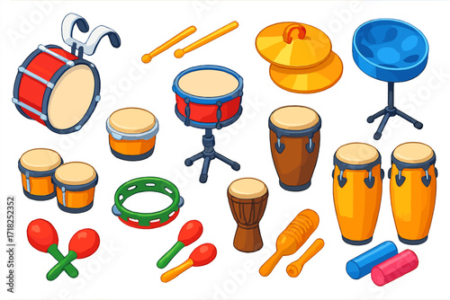 Festival Percussion Instruments. Isometric vector illustration set Festival Percussion: marching bass drum, snare sticks, crash