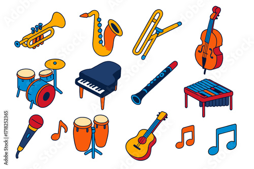 Vibrant Jazz Band Instruments. Isometric vector illustration set Jazz Band: trumpet, saxophone, trombone, double bass, drum set,