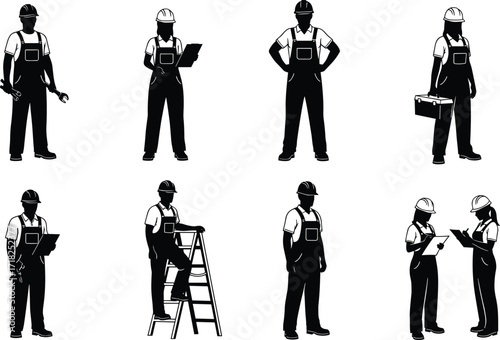 Silhouettes of construction workers, industrial labor team, safety gear, teamwork concept, hard hats, building industry, engineering, professional workforce, construction site illustration