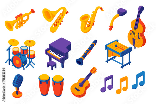 Vibrant Jazz Band Instruments. Isometric vector illustration set Jazz Band: trumpet, saxophone, trombone, double bass, drum set,