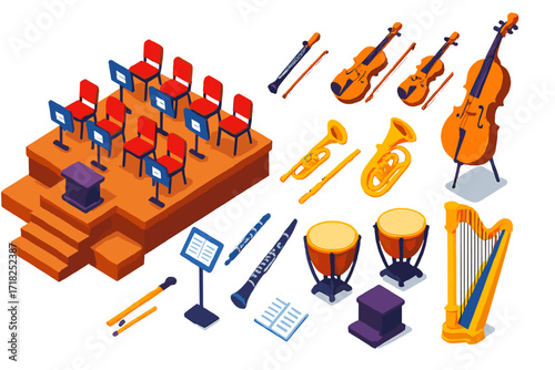 Vibrant Orchestra Icons. Isometric vector illustration set Music Hall: orchestra stage, violin, viola, cello, brass section, flute