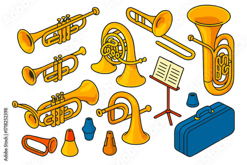 Brass Instruments Set. Isometric vector illustration set Brass Section: trumpet, trombone, French horn, tuba, euphonium, cornet,