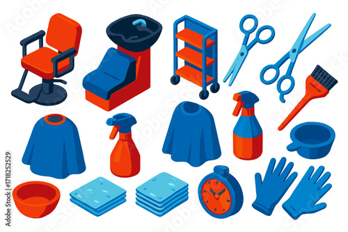 Vibrant Salon Tools. Isometric vector illustration set Beauty Salon Tools: styling chair, hair washing sink, trolley cart,