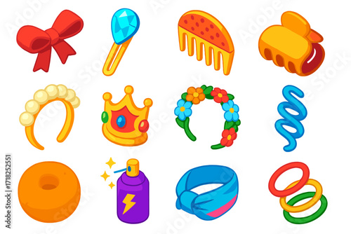 Vibrant Hair Accessories Icons. Isometric vector illustration set Hair Accessories: ribbon bow, crystal hairpin, decorative comb,
