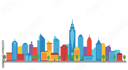 Colorful flat design illustration of a modern city skyline with tall buildings