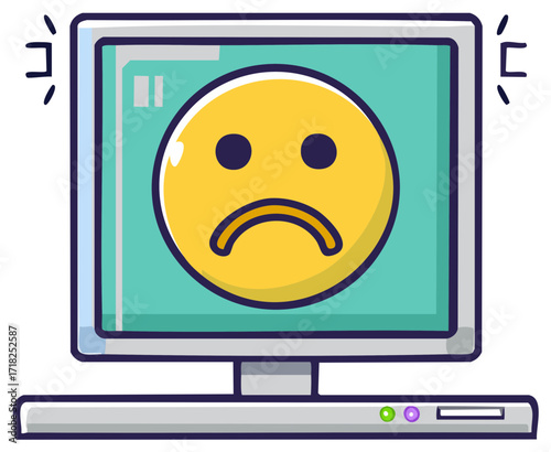 Computer Monitor with Sad Face Emoji Displayed Cartoon Illustration