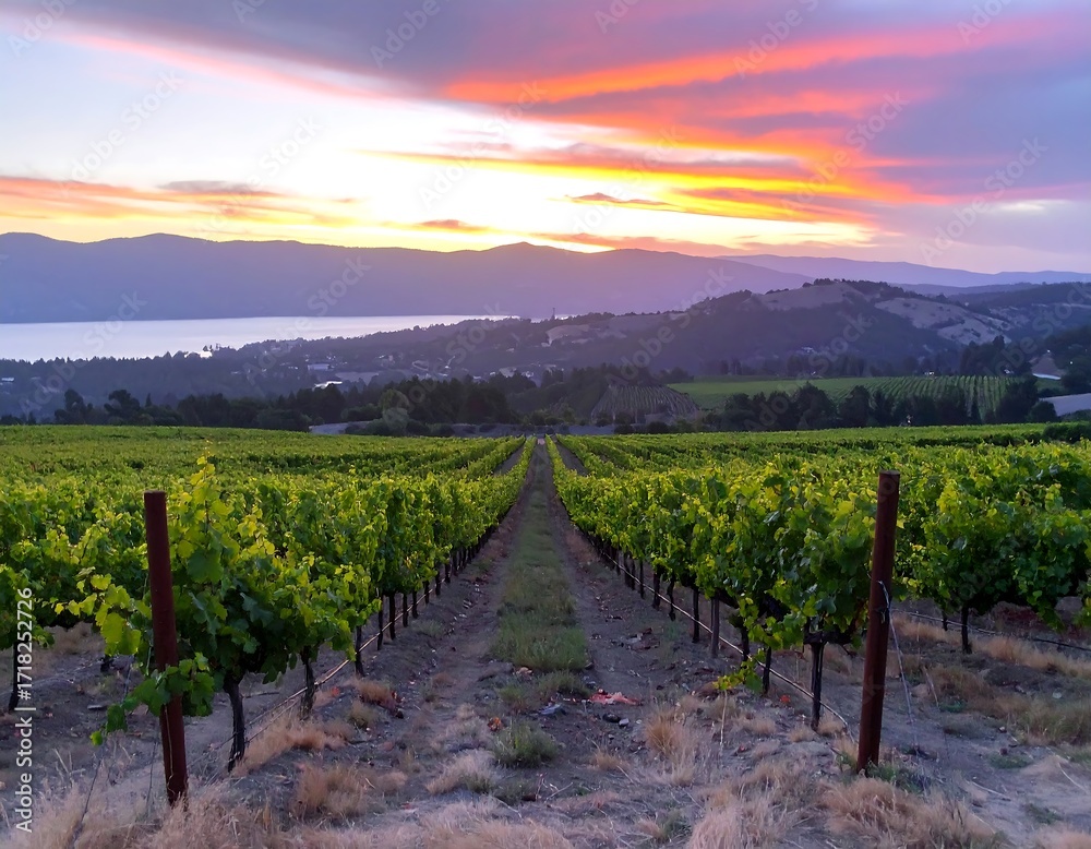 Fototapeta premium Vineyard at sunset over a lake