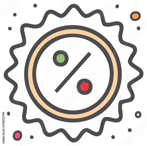 Discount Percentage Symbol with Sunburst Shape and Confetti Effect