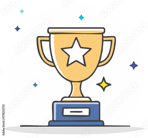 Golden trophy cup with star and decorations, winning vector illustration
