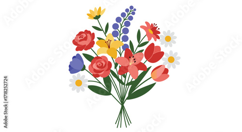 A colorful bouquet of various wildflowers and garden blossoms arranged together