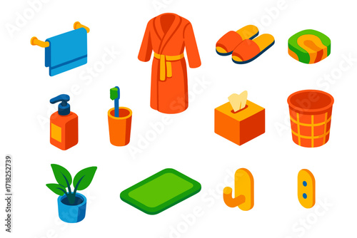 Guest Bathroom Essentials. Isometric vector illustration set Guest Bathroom: guest towel, light robe, welcome slippers, decorative
