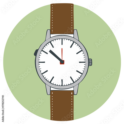 Classic analog wristwatch with brown leather strap and clean white face vector illustration