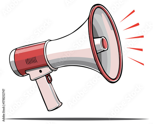 Red and white megaphone broadcasting sound waves, vector illustration