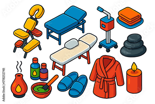 Spa Skincare Essentials. Isometric vector illustration set Spa Skincare: massage chair, facial bed, steam machine, hot towel,