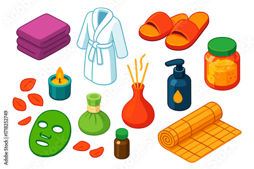 Spa Comfort Icons. Isometric vector illustration set Spa Comfort: fluffy towel stack, cotton robe, soft slippers, scented candle,
