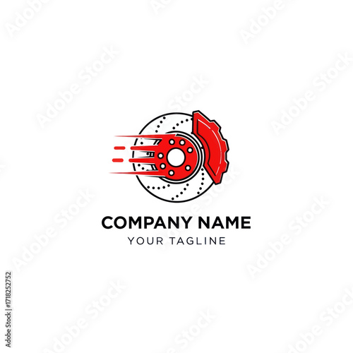 Dynamic Automotive Brake System Logo featuring Red Caliper, Perforated Disc, and Speed Lines, ideal for performance and repair businesses with customizable company name and tagline., Flat Vector