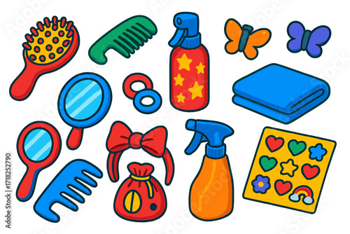 Colorful Kids Hair Essentials. Isometric vector illustration set Kids Hair Care: colorful brush, small comb, glitter spray,