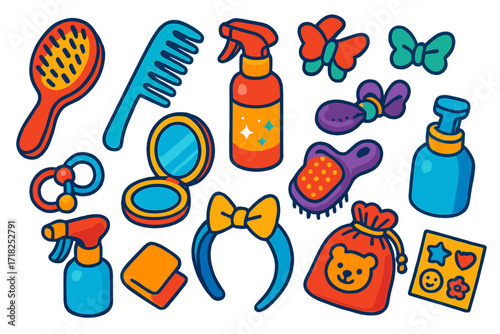 Colorful Kids Hair Essentials. Isometric vector illustration set Kids Hair Care: colorful brush, small comb, glitter spray,
