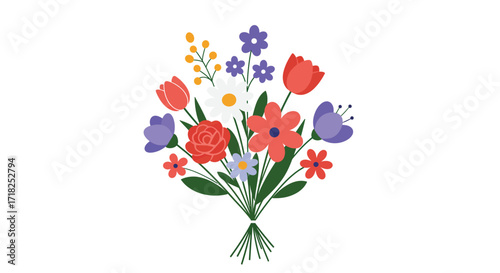 A colorful bouquet of various stylized flowers with green stems
