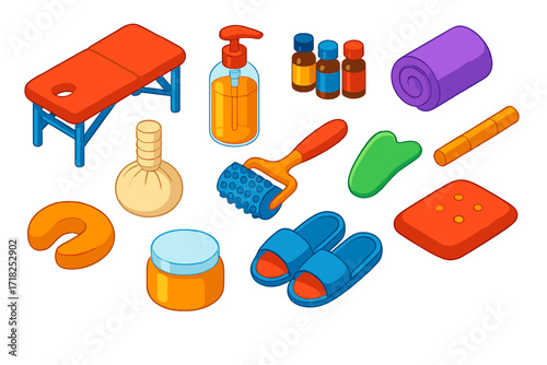 Isometric Spa Essentials. Isometric vector illustration set Massage Therapy: massage bed, body oil pump, essential oil vials, hot